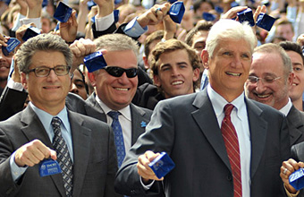 From left, J. B. Kurish, associate dean of Goizueta Business School; NYSE Euronext CEO Duncan Niederauer; and Goizueta Dean Lawrence Benveniste help to close the New York Stock Exchange on September 2.