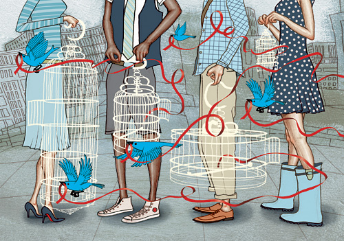 Illustration of birds flying free from cages held by group of people