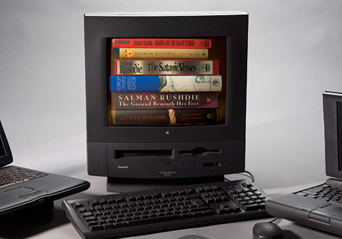 Illustration of Rushdie's books and computer