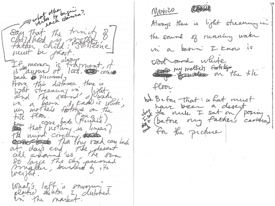 Handwritten version of poem 'Mexico' - Say that the trinity of childhood is mother, father child: know that someone must be ghost. [what other verbs to begin each stanza?] If memory is always fragment, it is also augur of loss. -What- come back piecemeal, from this distance there is light streaming in, light and the sound of water in a basin I know is white, my mother's footsteps on the tile floor. / Come back (all of it piecemeal) know that (nothing -is- linear), the mind circling, the long road come back at day's end, the desert all around us, the sun so large the sky seemed smaller, burdened by its weight. / What's left is souvenir - plastic skeleton I clutched in the market. / Mexico / Always there is light streaming in / the sound of running water / in a basin I know is / -cool and- white / my mother's footsteps / on the tile / floor / And Before that: what must / have been a desert / [where I sat atop a mule] the mule I sat on / posing / (before my father's camera) / for the picture