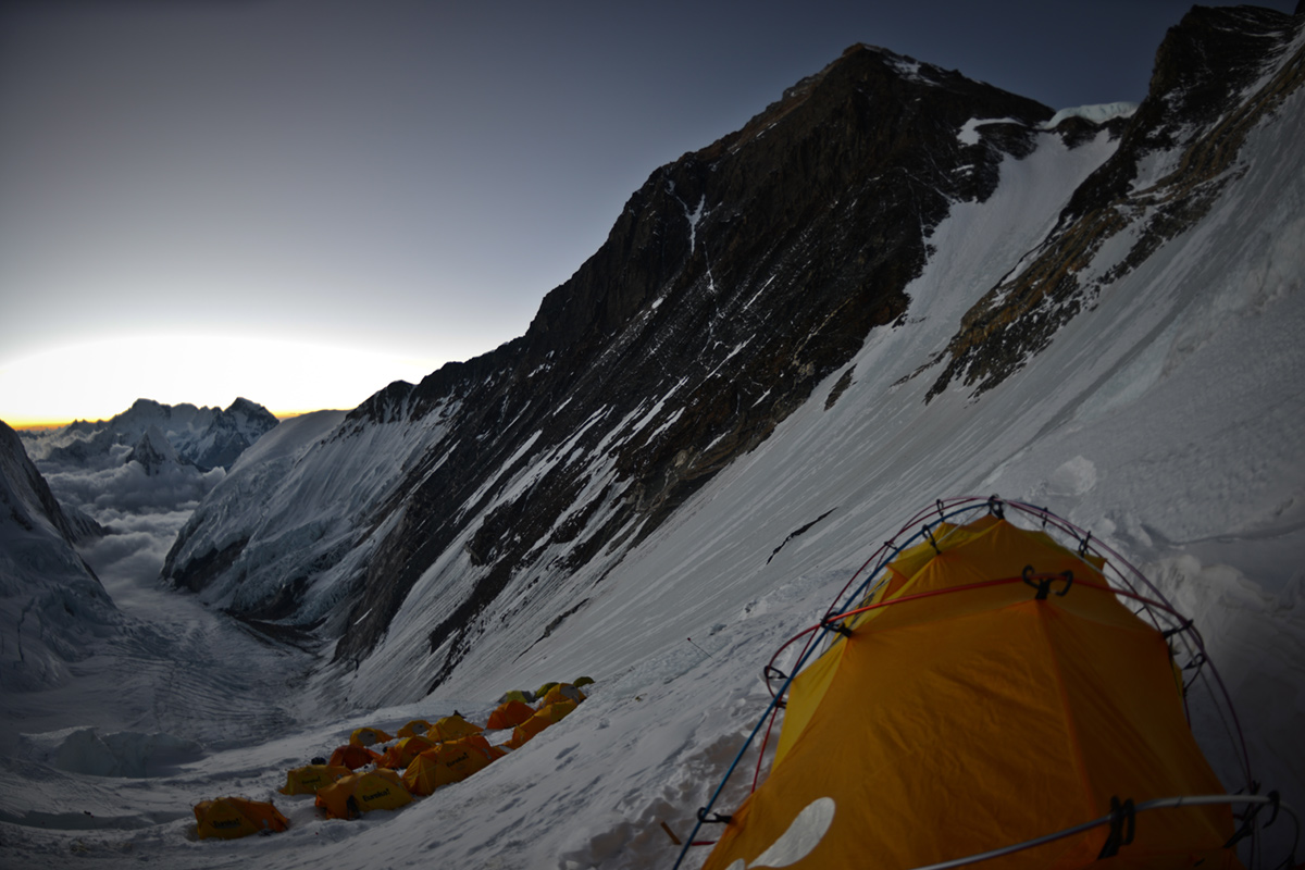 View from one of the base camps looking down the mountains toward the Khumbu Icefall