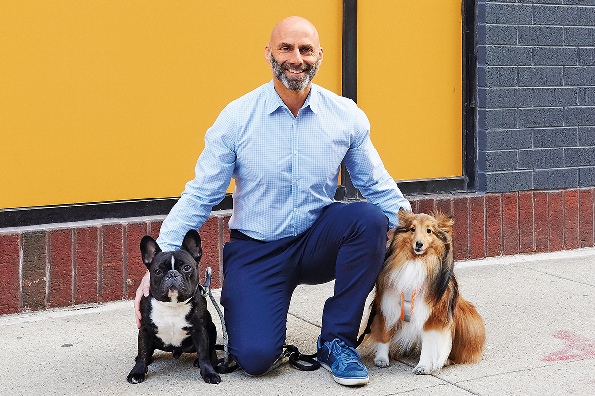 Dan Rubenstein is kneeling on the sidewalk with a small bulldog and a small collie