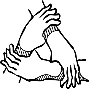 Graphic illustration of three hands interlocked to form a triangle.