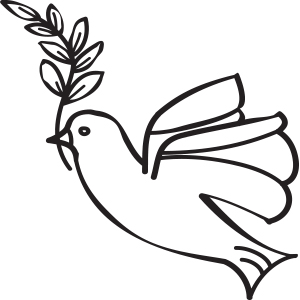Graphic illustration of a flying dove with an olive branch in its mouth.