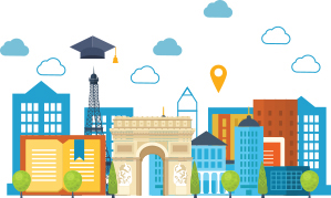 Graphic illustration of an academic skyline with a mortarboard (graduation hat) floating among the clouds above the skyline.