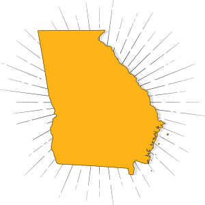 Graphic illustration of the shape of the state of Georgia, solid yellow, with sunbeams projecting from behind.