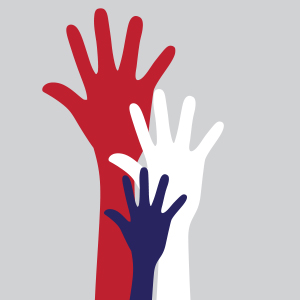 Illustration of three hands thrust upward, palms open.