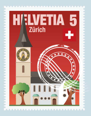 Illustration of a Swiss postage stamp showing Helvetia - 5 - Zurich.