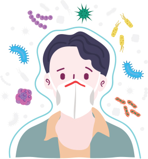 Graphic illustration of a person in a surgical mask with various germs surrounding their head.