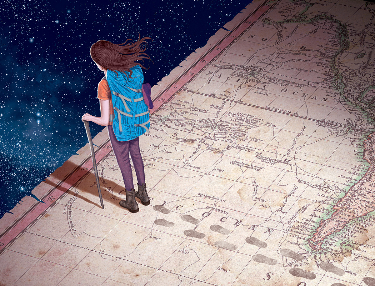 Illustration: A girl with a backpack and a walking stand on a map looking out towards the starry night off the edge of a map that's underfoot.