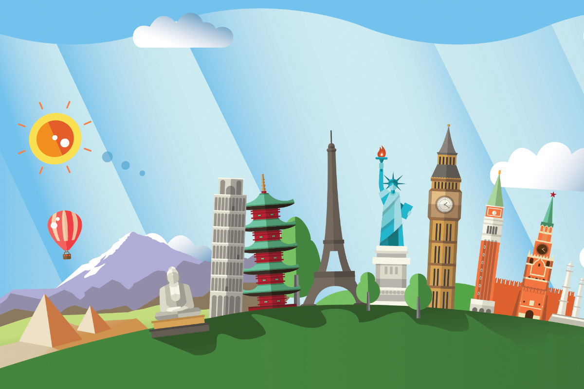 illustration featuring landmarks of famous world destinations