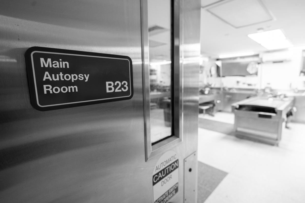 a photo of the entrance to an autopsy room