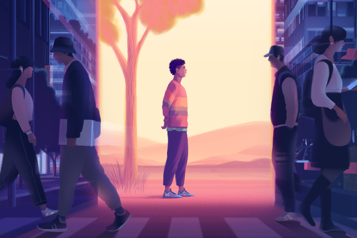 illustration of calm person near tree amidst other people bustling in a big city